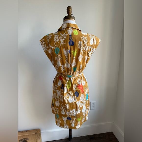 ANTHROPOLOGIE MAEVE TONIGHT TUNIC DRESS MUSTARD COTTON FLORAL BELTED XS - Picture 5 of 10